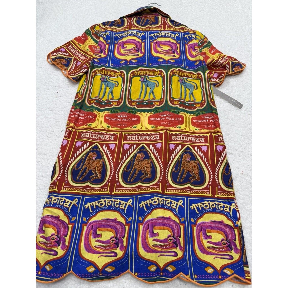 Farm Rio Anthropologie Shirt Dress Mini Scalloped Linen Vacay Preppy Size XS NWT - Picture 7 of 12